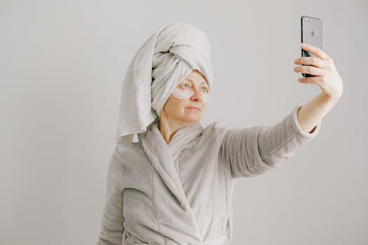 Mature woman in bathrobe taking a selfie using smartphone indoors.