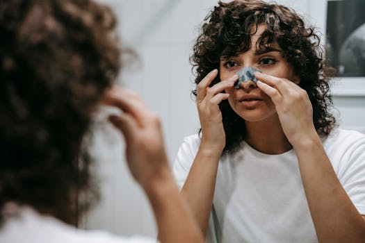 Adult woman applying a nose strip as part of her skincare routine in front of a bathroom mirror.