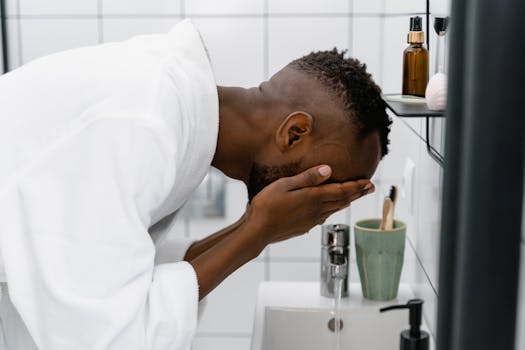 A man in a white robe washing his face at a bathroom sink, focusing on self-care and hygiene.