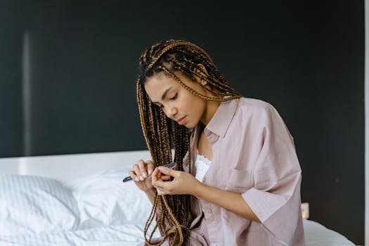 Young woman with braided hair focused on grooming fingernails in a calm bedroom environment.