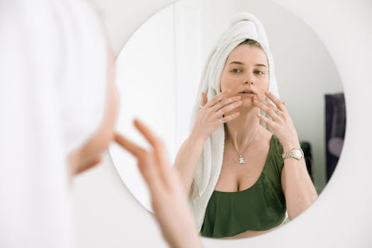 Woman with a towel on her head applying skincare products in front of a bathroom mirror.