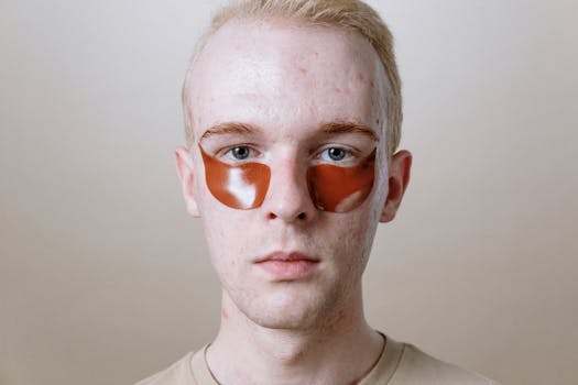 A man with orange eye patches looks directly at the camera, highlighting self-care and skincare.