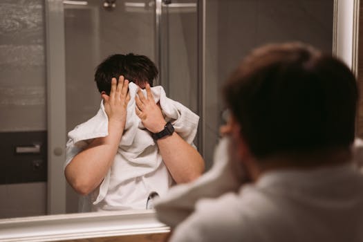 A man standing in front of a bathroom mirror, wiping his face with a towel, emphasizing personal hygiene.