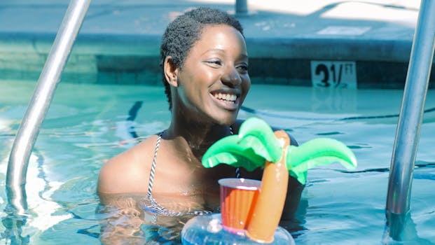 A happy woman enjoying a swim with a tropical drink in a pool float during summer.