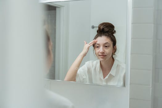 Woman in bathroom applying facial cream, reflecting self-care and relaxation.
