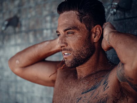 Shirtless man enjoying an outdoor shower, highlighting muscular physique and tattoos.